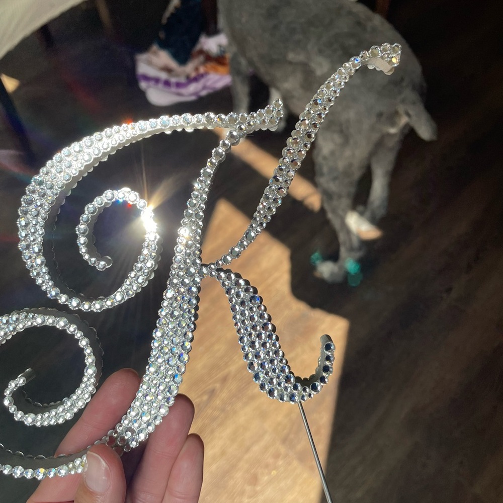 Swarovski Crystal Silver double sided rhinestone scroll letter K cake topper